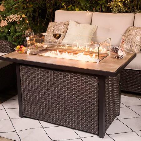 Nuu Garden Propane Gas Fire Pit Table with Wind Screen 50 000 BTU Ceramic Top Brown Fire Pits