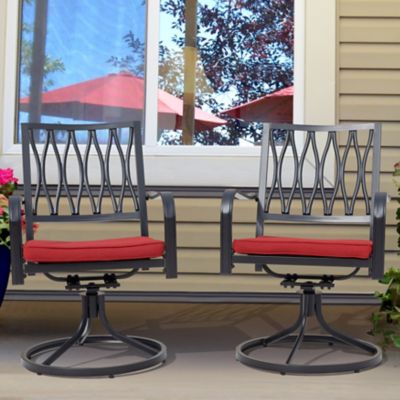 Image showing  Outdoor Iron Patio Dining Swivel Chairs with Red Cushions, 2-Pack