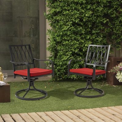 Image showing  Outdoor Iron Patio Dining Swivel Chairs with Red Cushions, 2-Pack