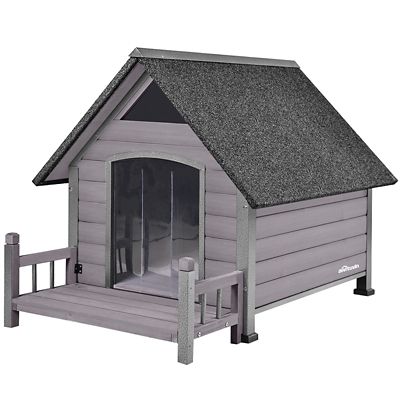 Aivituvin Outdoor Wooden Dog House with Porch and Strong Iron Frame, Gray