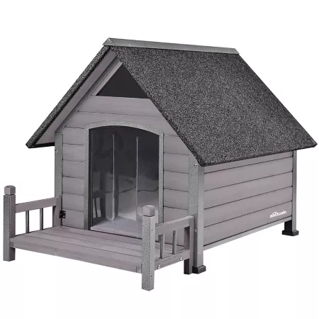 Aivituvin Outdoor Wooden Kennel with Porch and Solid Iron Frame Gray Dog Houses