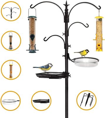 Image showing  Premium Bird Feeding Station with 2 Bird Feeders for Pole Stand Kit with 4 Hangers, Bird Bath and 5 Prong Base.