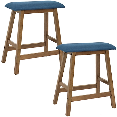 Sunnydaze Decor Set of 2 Indoor Wooden Backless Counter-Height Stools - Weathered Oak Finish with Blue Cushions