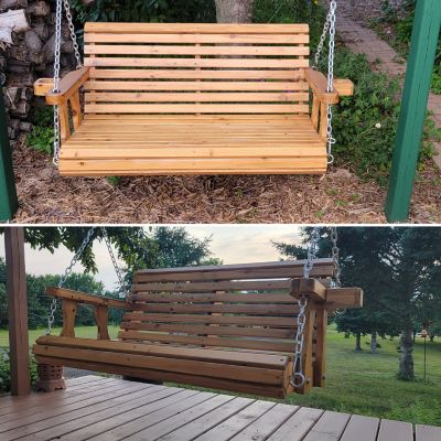 Image showing 7 th Sunnydaze Decor 2-Person Traditional Wooden Porch Swing with Hanging Chains, 395 lb. Capacity, 58.5 in., Brown