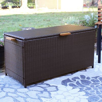Image showing  75-Gallon Indoor/Outdoor Acacia Wood and Resin Wicker Storage Deck Box with Hinged Lid - Brown