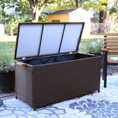 Image showing  75 gal. Indoor/Outdoor Acacia Wood and Resin Wicker Deck Storage Box with Hinged Lid, Black