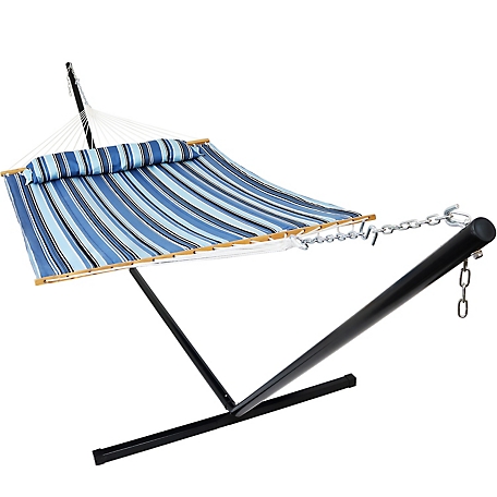 Sunnydaze Decor 2-Person Freestanding Quilted Fabric Spreader Bar Hammock with Pillow & Stand, 400 lb Capacity, Misty Beach
