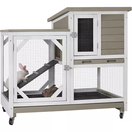 Aivituvin 2-Tier Indoor/Outdoor Wooden Rabbit Hutch with Sliding Tray Large 37 in x 40 in x 26 in. Rabbit Hutches