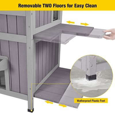 Image showing  2-Story Indoor/Outdoor Wooden Cat House with Waterproof Roof and Door Flaps