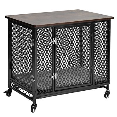 Aivituvin Side End Table Metal Dog Crate with Tray, Cushion and Casters