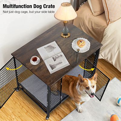Image showing  Side End Table Metal Dog Crate with Tray, Cushion and Casters