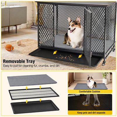 Image showing  Side End Table Metal Dog Crate with Tray, Cushion and Casters