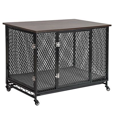 Aivituvin Metal Dog Crate Furniture/Side Table with Tray, Cushion and Casters