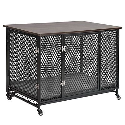 Aivituvin Side Table Metal Dog Crate with Tray, Cushion and Casters