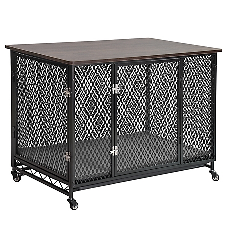 Aivituvin Metal Dog Crate Furniture/Side Table with Tray, Cushion and Casters