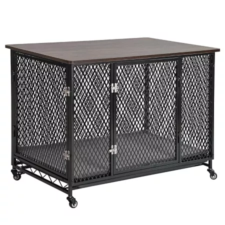 Aivituvin Metal Dog Crate with Side Table with Tray Cushion and Casters Furniture Style Crates