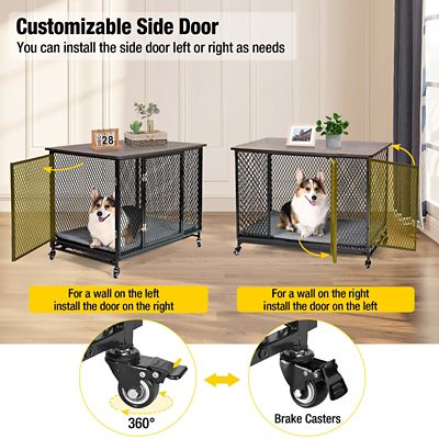 Image showing  Side Table Metal Dog Crate with Tray, Cushion and Casters