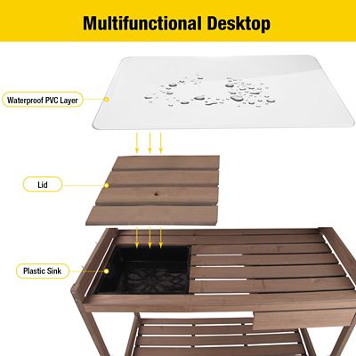 Image showing  Outdoor Garden Bench with Sink and Lid Potting Table with PVC Layer, 44 in. x 19 in. x 45 in.
