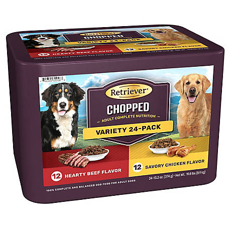 Retriever Adult Hearty Beef/Savory Chicken Flavor Chopped Wet Dog Food Variety Pack, 13.2 oz., Pack of 24 Cans