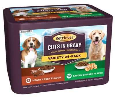 Retriever Adult Hearty Beef/Savory Chicken Flavor Cuts in Gravy Wet Dog Food Variety Pack, 13.2 oz., Pack of 24 Cans Our two Great Pyrenees mix dogs love it especially the gravy and it's great to mix with their dry dog food!