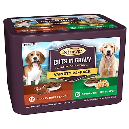 Retriever Adult Hearty Beef/Savory Chicken Flavor Cuts in Gravy Wet Dog Food Variety Pack, 13.2 oz., Pack of 24 Cans