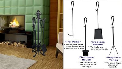 Image showing  Strong Cast-Iron Fireplace Toolset with Tong, Shovel, Base, Poker, Brush and Stand, 5 pc.