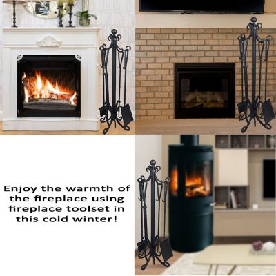 Image showing  Strong Cast-Iron Fireplace Toolset with Tong, Shovel, Base, Poker, Brush and Stand, 5 pc.