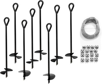Ashman Ground Anchor Powder Coated Steel with 50 ft. of Galvanized Wire with Clamps, Securing Tents, Canopies, 8 Pack