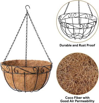 Image showing  Planter Basket Metal Hanging with Coco Coir Liner Round Wire Plant Holder Chain Porch Decor Flower Pots (2).