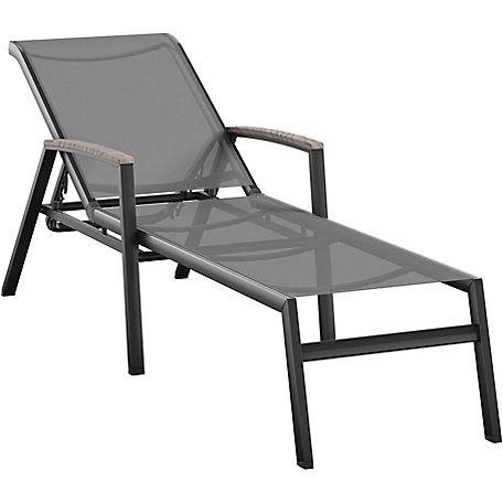 Hanover Seaside Outdoor Aluminum Sling Chaise Lounge with Faux Wood Accent Arms & Gray Sling