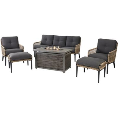 Hanover Sedona 6 pc. Fire Pit Set with Sofa, 2 Side Chairs, 2 Ottomans & 30,000 BTU Gas Fire Pit Table
