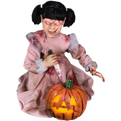 Haunted Hill Farm Lunging Pumpkin Carver Zombie Girl with Jack O'Lantern by Tekky, Premium Talking Halloween Animatronic