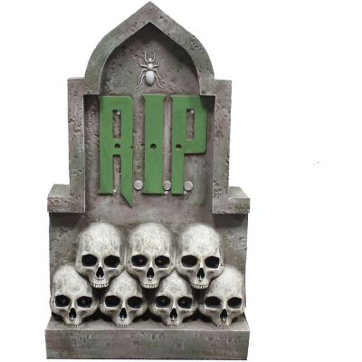 Haunted Hill Farm 2 ft. Rip Tombstone with Skulls Prelit LED Resin Figurine, Plugin HHRS024-1TMB-GRY