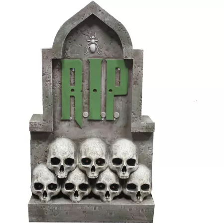 Haunted Hill Farm 2-Foot Rip Tombstone with Skulls Pre-Lit LED Resin Figurine Plug-In HHRS024-1TMB-GRY Halloween Animatronics