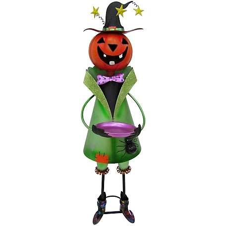 Haunted Hill Farm 40 in. Iron Pumpkin-Head Witch Holding Candy Dish with Optional Lawn Stake, HHMTWITCH040-0MLT