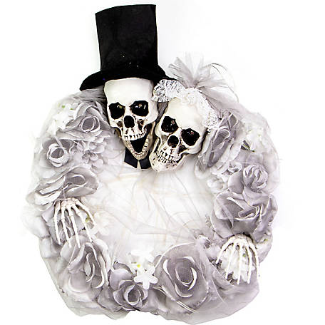 Haunted Hill Farm 17-In. Prelit Bride and Groom Skull Wreath, Halloween Door or Wall Decoration, Battery Operated, White-Red