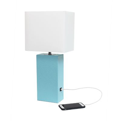 Lalia Home Lexington Leather Base Bedside Table Lamp with USB Charging Port with Rectangular Fabric Shade