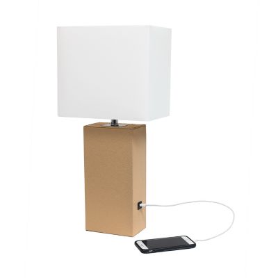 Lalia Home Lexington Leather Base Bedside Table Lamp with USB Charging Port with Rectangular Fabric Shade