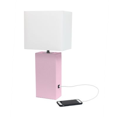Lalia Home Lexington Leather Base Bedside Table Lamp with USB Charging Port with Rectangular Fabric Shade
