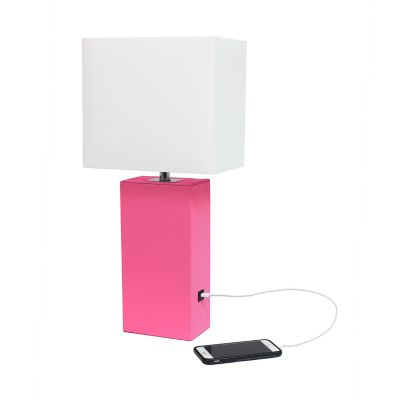 Lalia Home Lexington Leather Base Bedside Table Lamp with Usb Charging Port with Rectangular Fabric Shade