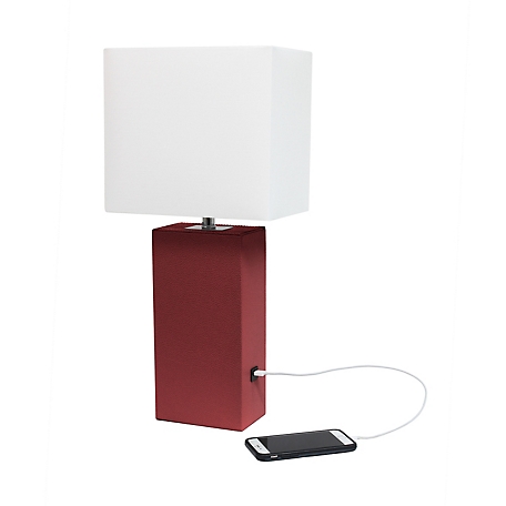 Lalia Home Lexington Leather Base Bedside Table Lamp with Usb Charging Port with Rectangular Fabric Shade