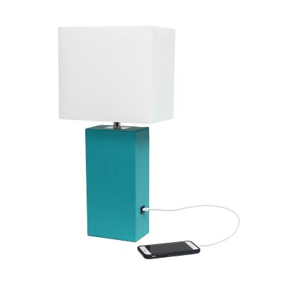 Lalia Home Lexington Leather Base Bedside Table Lamp with USB Charging Port with Rectangular Fabric Shade
