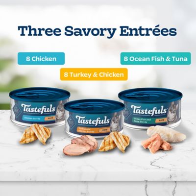 Image showing  All Life Stages Chicken, Turkey/Chicken, Ocean Fish/Tuna Pate Wet Cat Food pk., 5.5 oz., Cans, 24 pk.