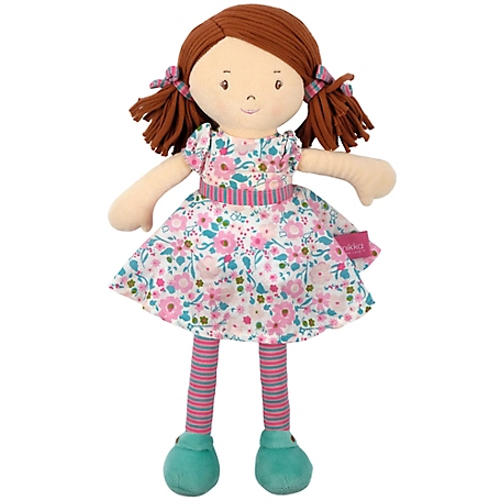 Tikiri Toys Katy Baby Doll, Fabric Baby Doll with Dark Hair and Pink & Sea Green Dress, 5168