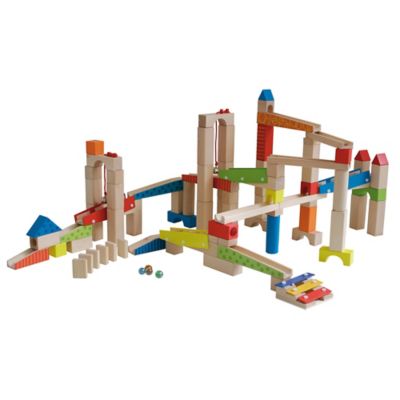 roba Wooden Marble Run Course Building Set, 20 Glass Marbles and 80 Building Blocks, 100 pc.