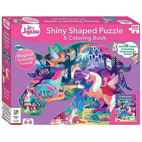Hinkler Jr Jigsaw 100 pc. Jigsaw Puzzle: Magical Unicorn Forest Shiny Shaped Puzzle & Coloring Book, 9781488953446