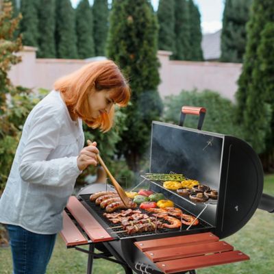 Image showing  Barrel Charcoal Grill with Offset Smoker and Wood-Painted Side and Front Table, 811 sq. in., Black
