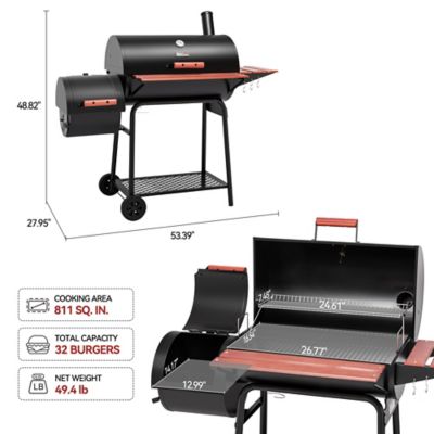 Image showing  Barrel Charcoal Grill with Offset Smoker and Wood-Painted Side and Front Table, 811 sq. in., Black