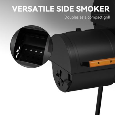 Image showing  Barrel Charcoal Grill with Offset Smoker and Wood-Painted Side and Front Table, 811 sq. in., Black