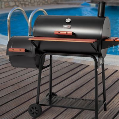 Image showing 9 th Royal Gourmet Barrel Charcoal Grill with Offset Smoker and Wood-Painted Side and Front Table, 811 sq. in., Black